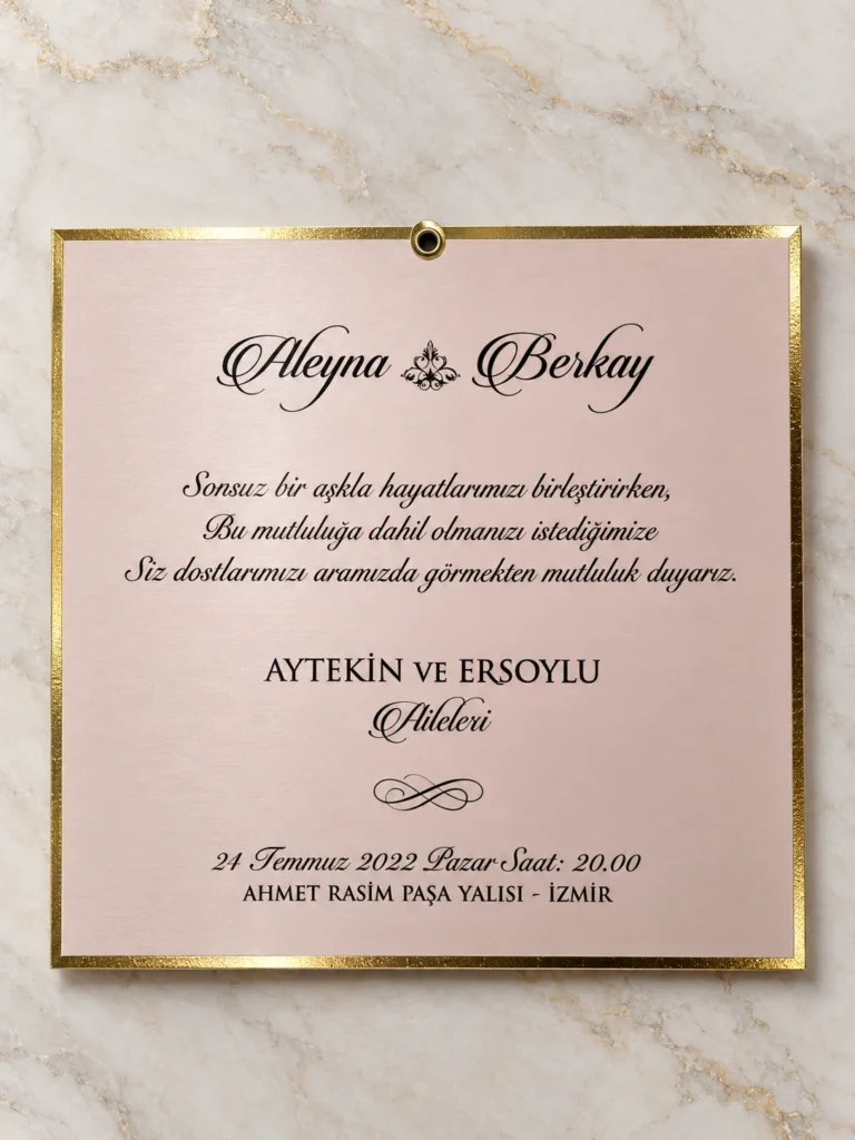 Zarif Altin Cerceveli Dugun Davetiyesi
